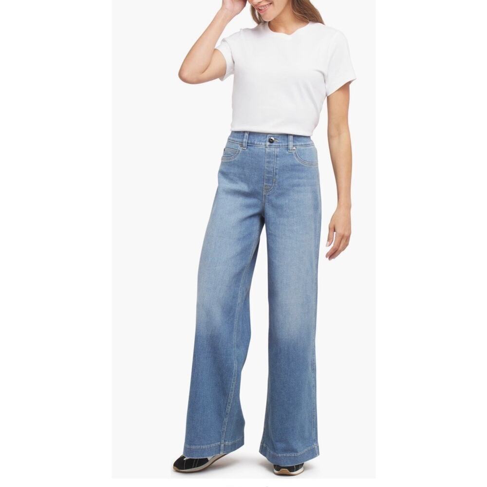 Spanx Shape Everywear Pull-on High Waist Wide Leg Jeans Size Large Light Wash